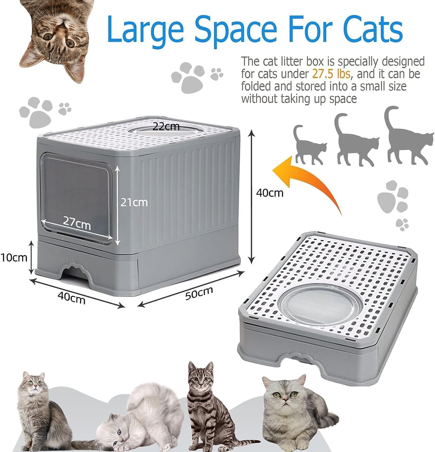 Foldable Cat Litter Box, Acotsun Extra Large Front Entry Enclosed Cat Potty, Top Entry Anti-Splashing Cat Toilet, Litter Cat Box