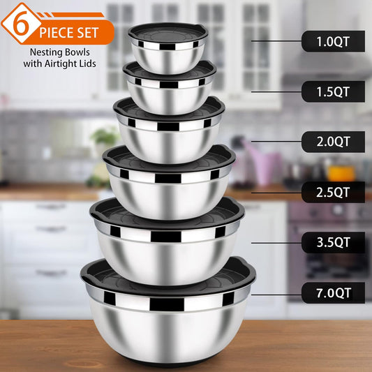 LIANYU Stainless Steel Nesting Mixing Bowls Set of 6 with Airtight Lids, Size 7, 3.5, 2.5, 2, 1.5, 1QT, Large Metal Bowls for Baking Cooking Food Storage, Non-slip Bottom, Black - PuriLite