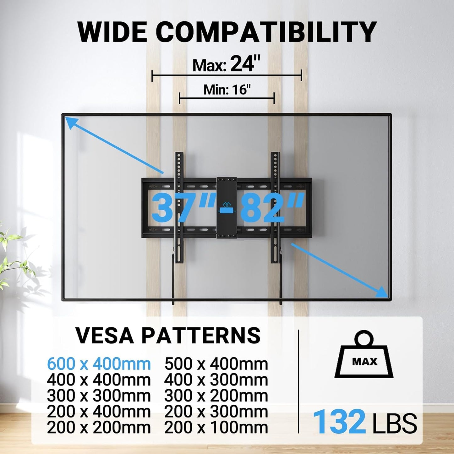 PERLESMITH Fixed TV Wall Mount Bracket Low Profile for 32-82 inch LED, LCD, and OLED Flat Screen TVs - Fits 16”- 24” Wood Studs, Fixed TV Mount with VESA 600 x 400mm Holds up to132lbs (PSLLK1), Black