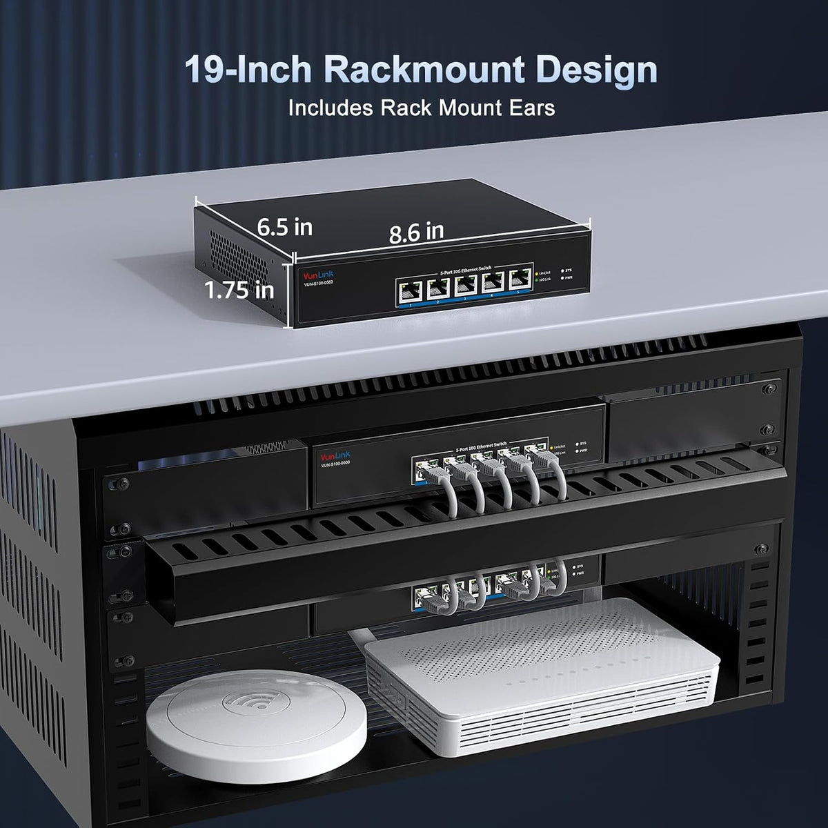 5-Port 10G RJ45 Ethernet Switch Unmanaged, VunLink 10GBase-T Network Switch,Multi-Gig 10G/5G/2.5G/1G, 100Gbps Capacity, Plug & Play,Desktop/Rackmount, for NAS/PC/Router/Workstation/10G NIC