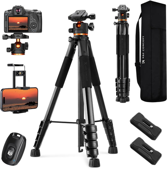 K&F Concept Tripod, 75" Camera Tripod with Remote and 2-in-1 Phone Holder,Travel Phone Tripod with 360° Rotation Metal Ball Head Load Capacity 17.6lbs,Lightweight Outdoor Tripods for DSLR Camera