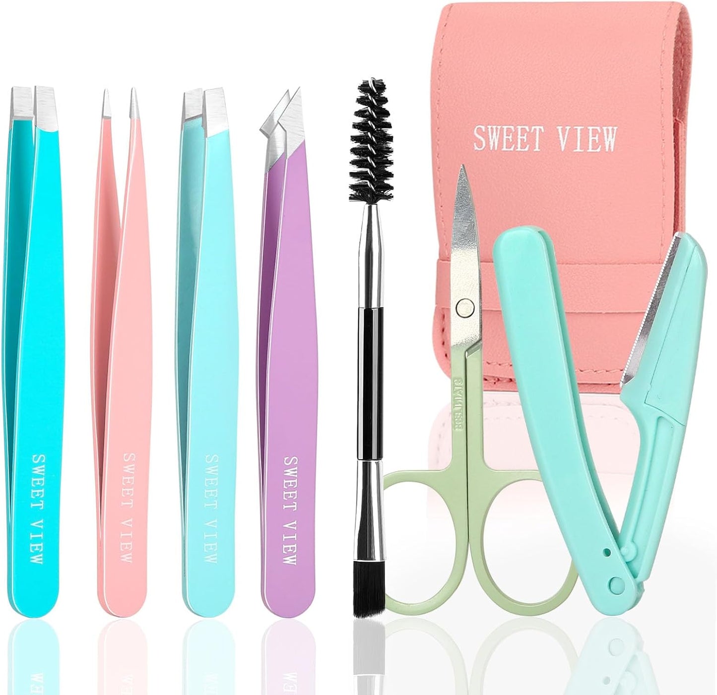 SWEET VIEW 7pcs Eyebrow Tweezers Set, Stainless Steel Tweezers for Women and Man, Precision Plucker Tweezers for Facial Hair, Chin, Eyebrow, Splinter and Ingrown Hair Removal