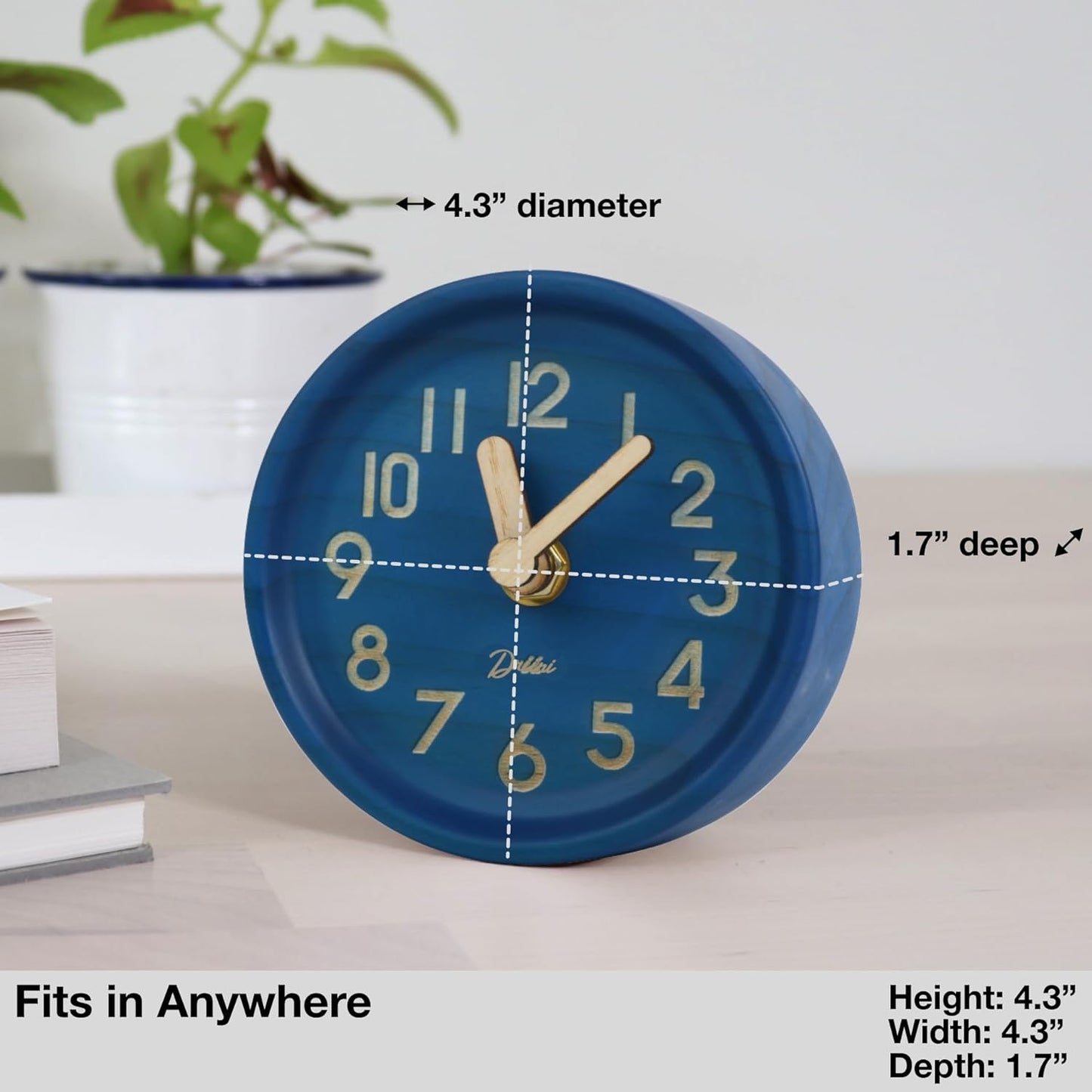 Driini Wooden Analog Desktop Clock – 4.3 in. Decorative Pinewood Clock, No-Tick Design – Easy to Read Silent Sweep Mantle Clock – Quiet Tabletop Clocks with Wood Body, Hands, & Battery Cover; Blue