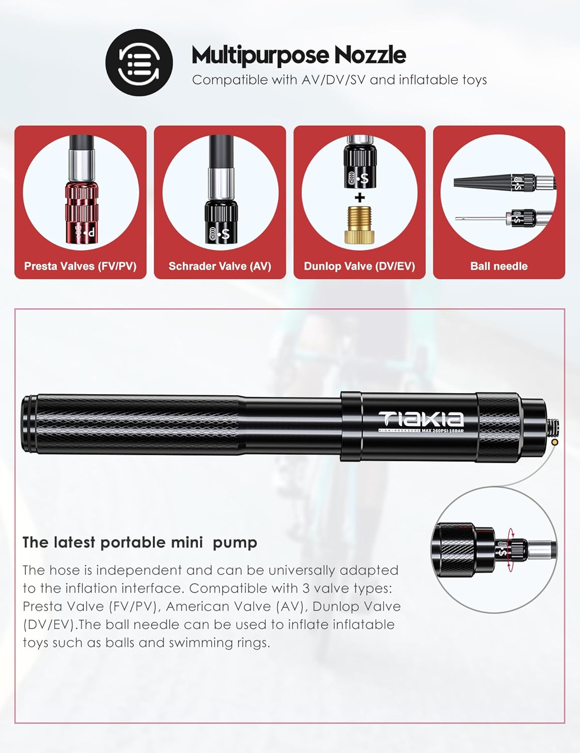 Tiakia Mini Bike Pump Portable Bicycle Pump Compact High Pressure Frame Pump 260PSI- Air Hand Pump Fit Presta, Schrader & Woods Valves,Aluminum Alloy Durable Tire Pump for Road/Mountain/BMX Bikes