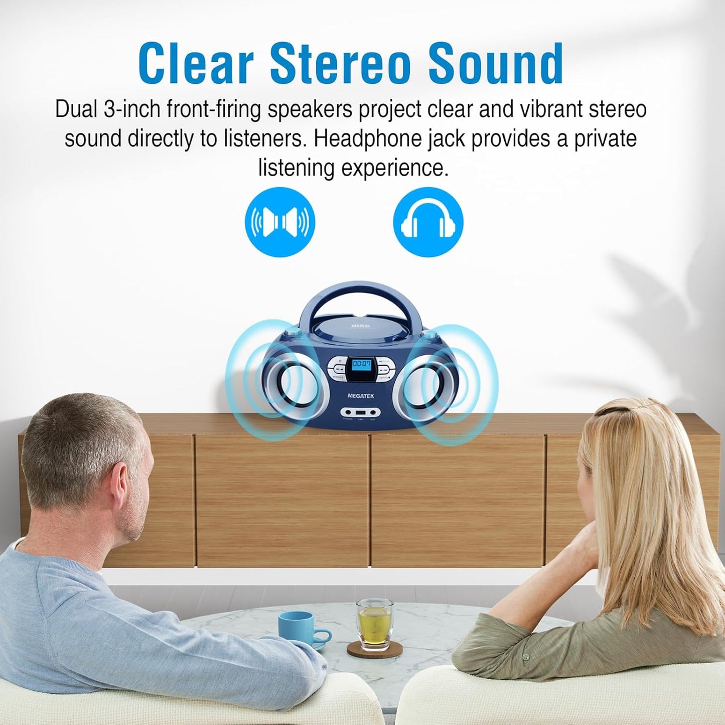 MEGATEK Portable CD Player Boombox with FM Radio, Bluetooth, USB Port, AUX Input, and Headphone Jack – CD-R/CD-RW/MP3-CD Compatible, Clear Stereo Sound, Backlit LCD Display – Black