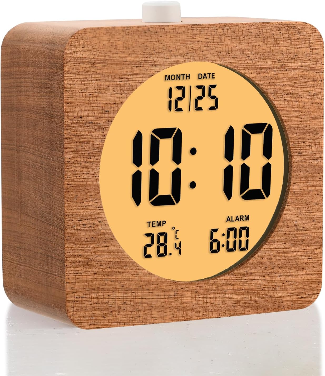 Plumeet Wooden Digital Alarm Clock for Bedrooms, Wood 4'' Battery Powered Alarm Clock with Snooze and Nightlight, Electronic LCD Desk Clock Display Time, Date, Temp, 12/24H, Wood Décor (Sapele, 3.2'')