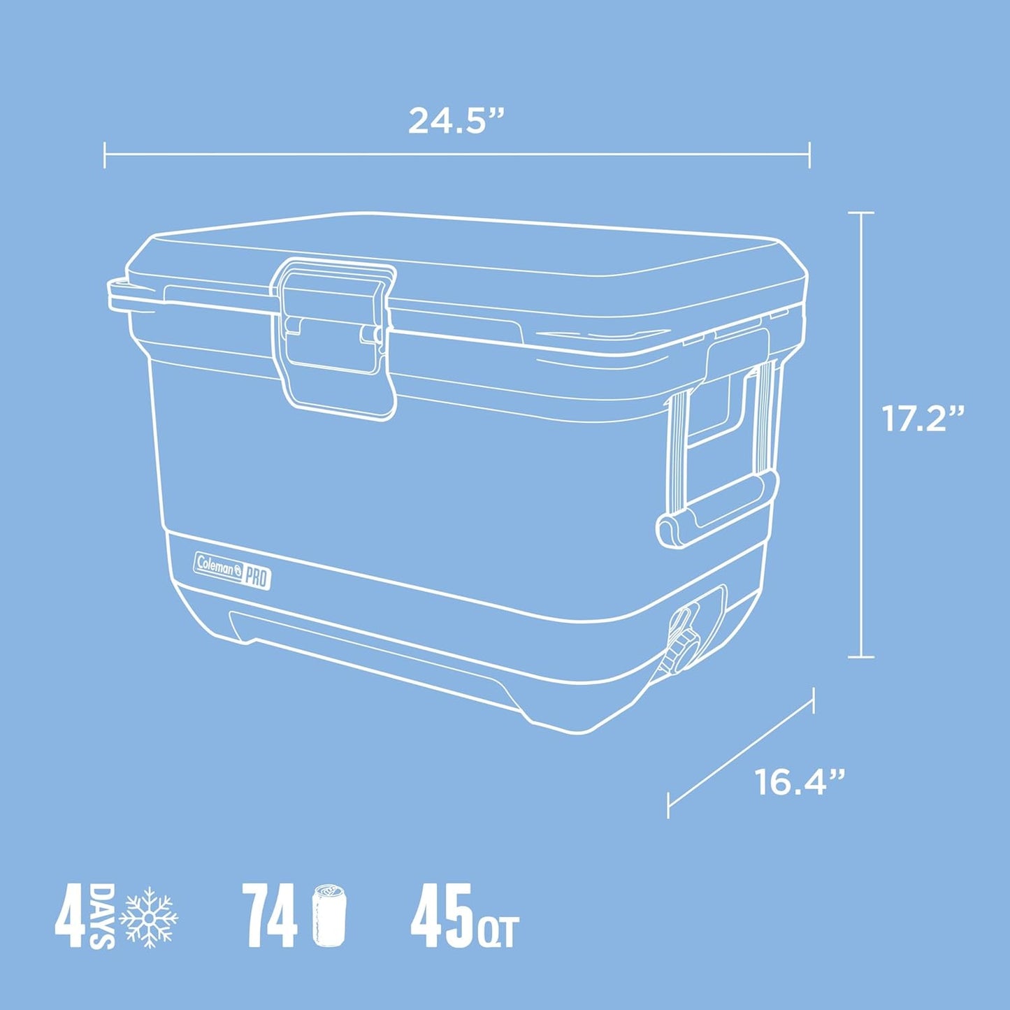 Coleman Pro Heavy-Duty Ultra-Light Premium Hard Cooler, 92/74/36-Can Capacity, Extra-Thick Insulation Keeps Ice up to 5/4/3 Days, 55-Quart Wheeled Cooler or 45/25 qt (No Wheels), Blue Sky