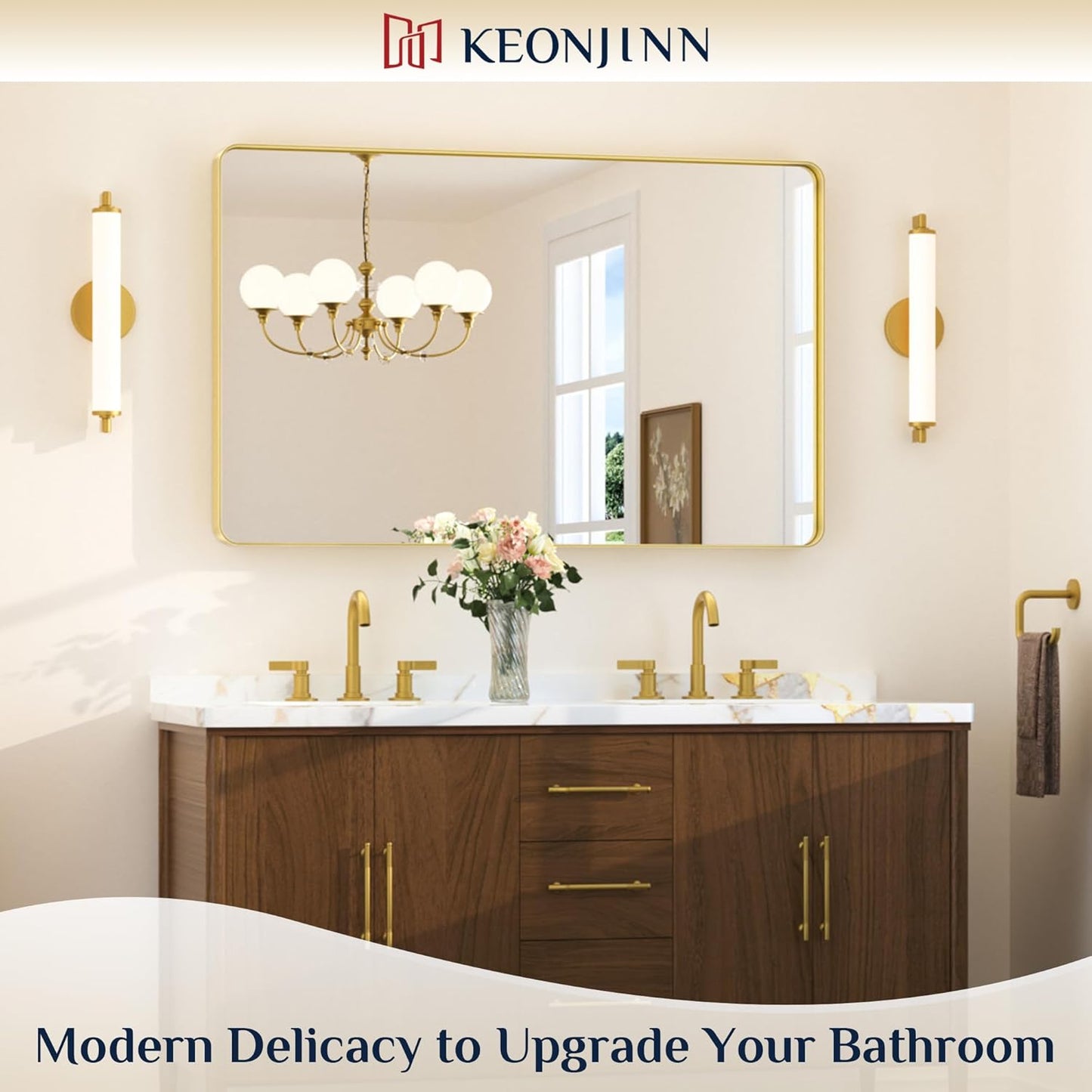 Keonjinn 42 x 36 Brushed Nickel Bathroom Vanity Mirror, Large Rounded Rectangle Bathroom Mirrors for over Sink, Metal Framed Silver Mirror for Wall, Shatterproof HD Tempered Glass(Horizontal/Vertical)