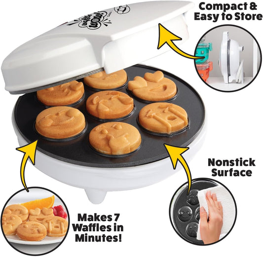 Mini Emojis Waffle Maker - Create 7 Adorable Emoji Waffles or Pancakes with Electric Non Stick Waffler Iron - Featuring a Kiss Face, Heart Eyes, Smile Expressions & More - Fun for Kids - PuriLite