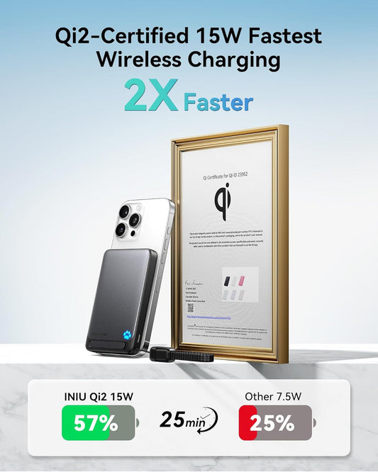 INIU Magnetic Portable Charger, Slim Qi2 Certified 10000mAh 30W Fast Charging Power Bank, Wireless Battery Pack with Foldable Stand, Travel Phone Charger Only for iPhone 16/15/14/13/12 Series, White