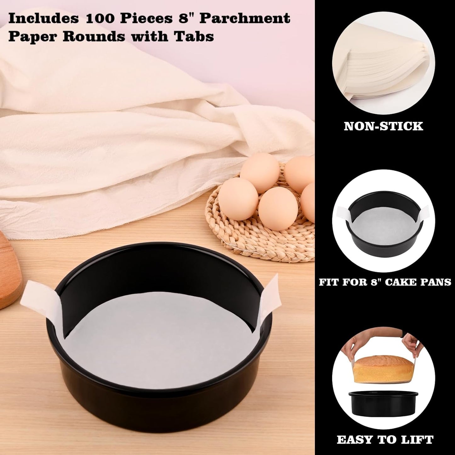 Purilite Select 3-Pack 8-Inch High Carbon Steel Cake Pans with 100 Parchment Papers