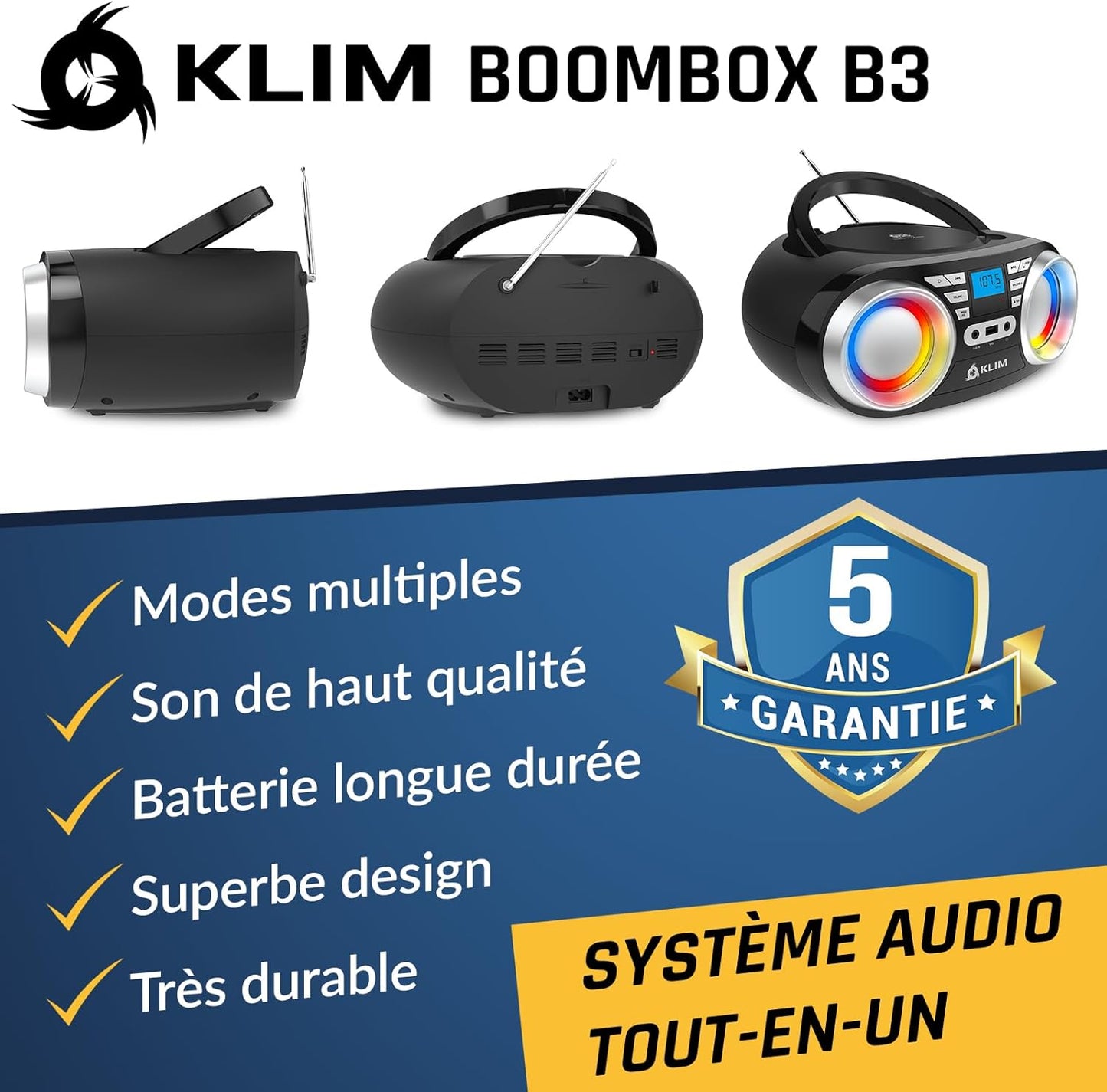 KLIM B3 Portable CD Player Boombox with FM Radio, Bluetooth, USB, AUX, and FM Radio Dual Speakers, EQ Sound Effects, 20 Preset Stations, Compact and Lightweight - Black No RGB