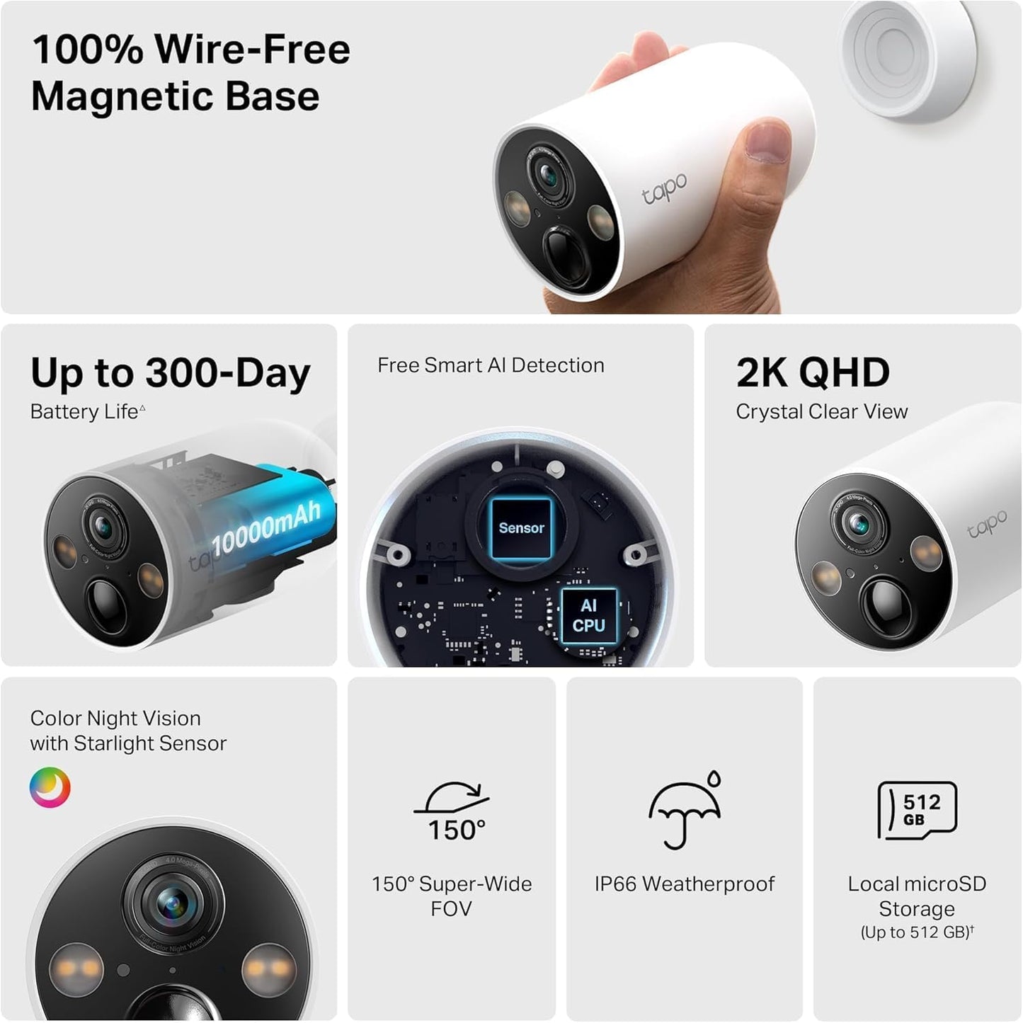 TP-Link Tapo SolarCam 2K, Outdoor Battery Camera w/Solar Panel Base, Wireless Camera, 2K QHD, 150° Super-Wide FOV, Free Person/Vehicle/Pet Detection, SD/Cloud Storage, Starlight Color Night Vision