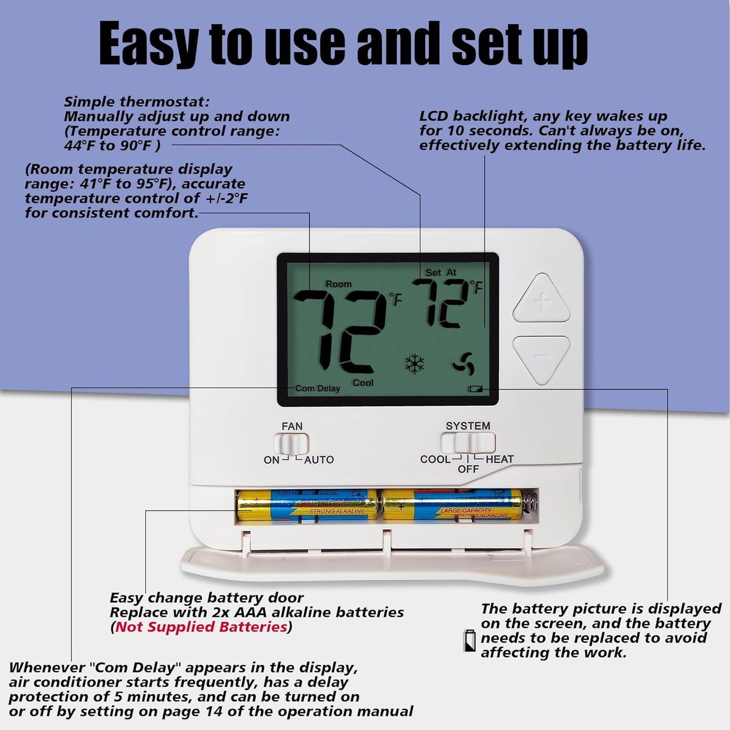 Heagstat Non-Programmable Thermostats for Home Single-Stage 1 Heat/ 1 Cool (with Green Backlight)