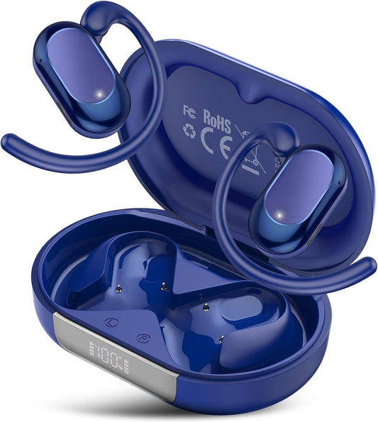 STECEi Open Ear Headphones, Bluetooth 5.4 Earphones 36H Playtime Air Conduction Headphones with Mic, Adjustable Earhook Earbuds with ENC Clear Calls/LED Display, IPX7 Waterproof Open Ear Earbuds Blue