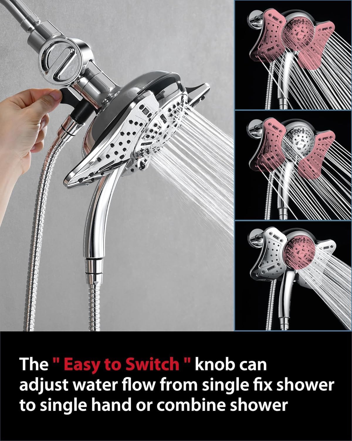 2.5 GPM High Pressure Shower Head: GRICH 8.7 Inch Black Shower Heads with Hand Held Spray 2-in-1 Combo, 9-Settings Handheld Shower Head & Adjustable Rain Shower Head with Hose 60'', Anti-Clog Nozzles