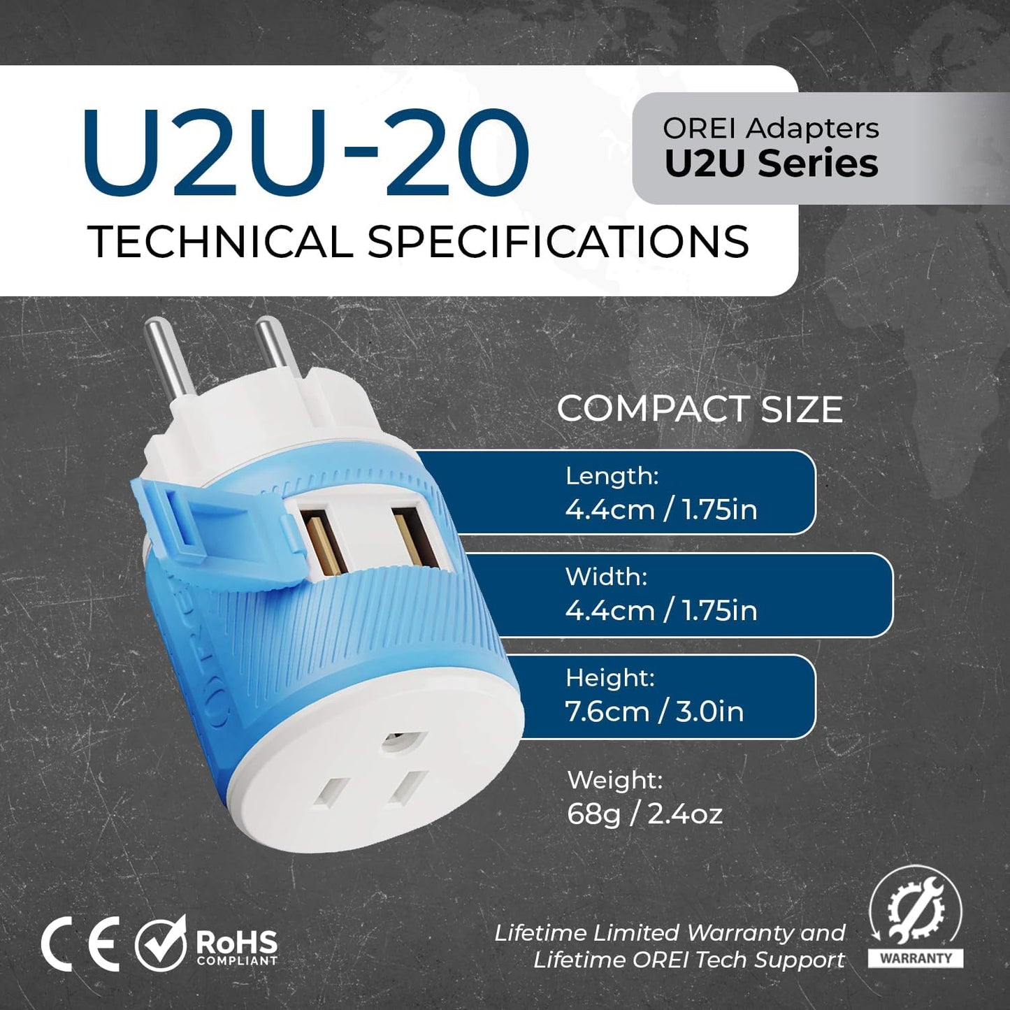 OREI South Africa, Botswana, Namibia Travel Plug Adapter with Dual USB - USA Input - Type M (U2U-10L), Will work with Cell Phones, Camera, Laptop, Tablets, iPad, iPhone