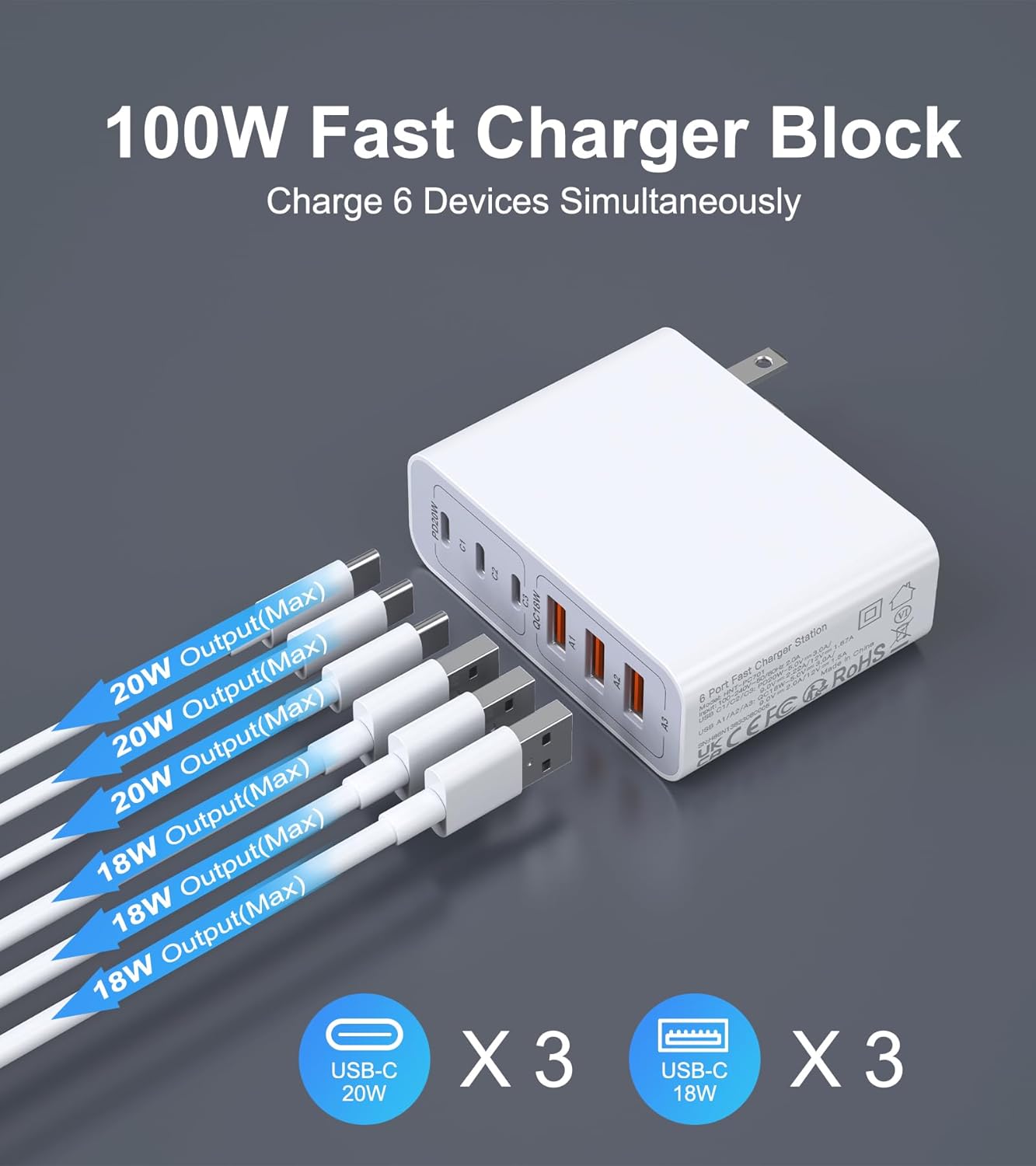 USB C Wall Charger, 100W 6-Port PD Fast USB C Charging Block,3USB C+3USB A Charging Station Hub Block Power Strip Type C Cube Brick for iPhone 16/15/14/13/12/11/Pro Max Samsung Tablet
