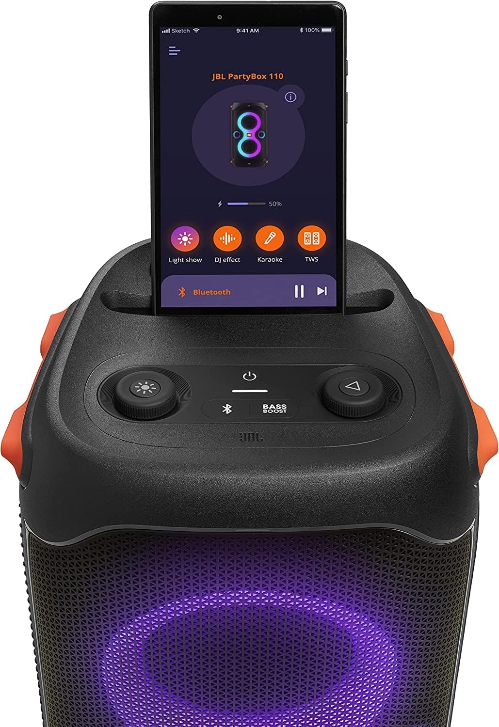 JBL PartyBox 110 Portable Party Speaker with 160W Powerful Sound, Built-in Lights, Up to 12 Hours of Playtime and IPX4 Splashproof Design - Black