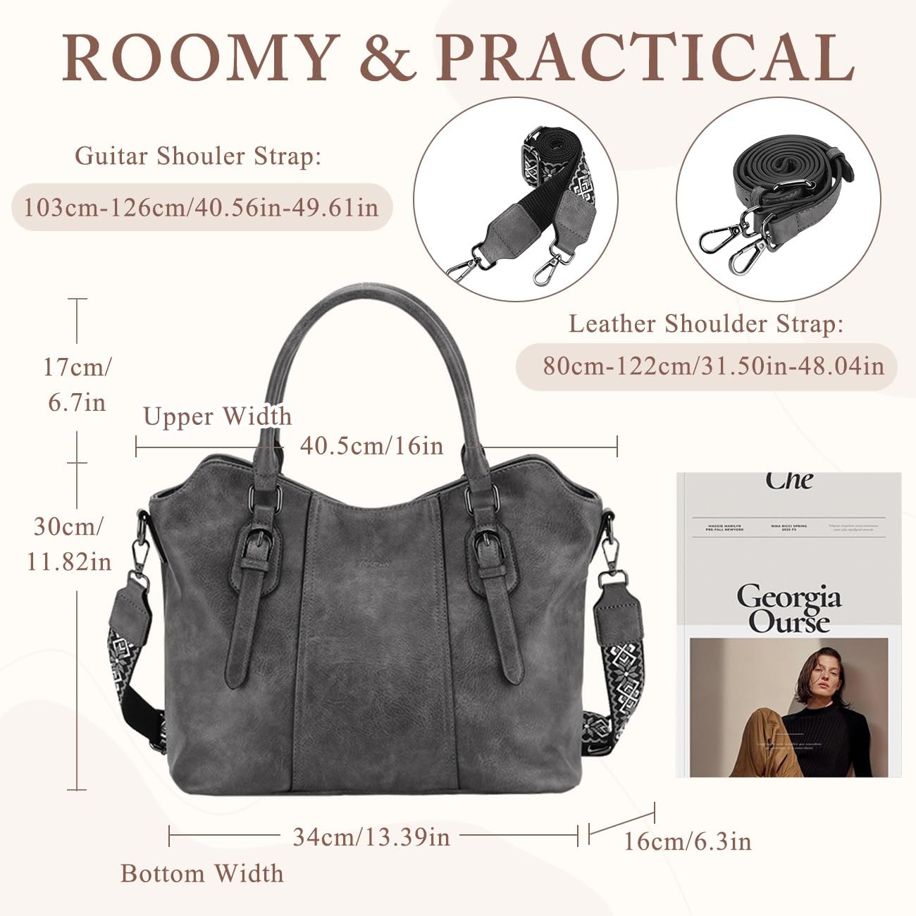 Hobo Bags for Women,VASCHY Vegan Leather Handbag Purse Top Handle Satchel Boho Shoulder Bag with Crossbody Guitar Strap