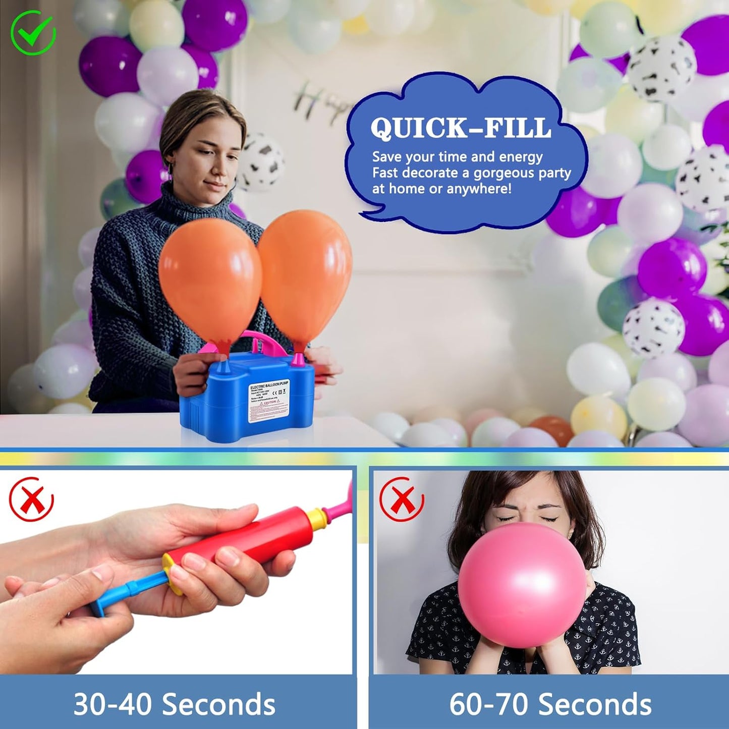 Electric Balloon Pump,Balloon Inflator, Dual Nozzle Electric Air Pump,Balloon Pump Balloons Blower 110V 600W for Party Decoration with Gifts:2 Balloon Tying Tools (Rose red)