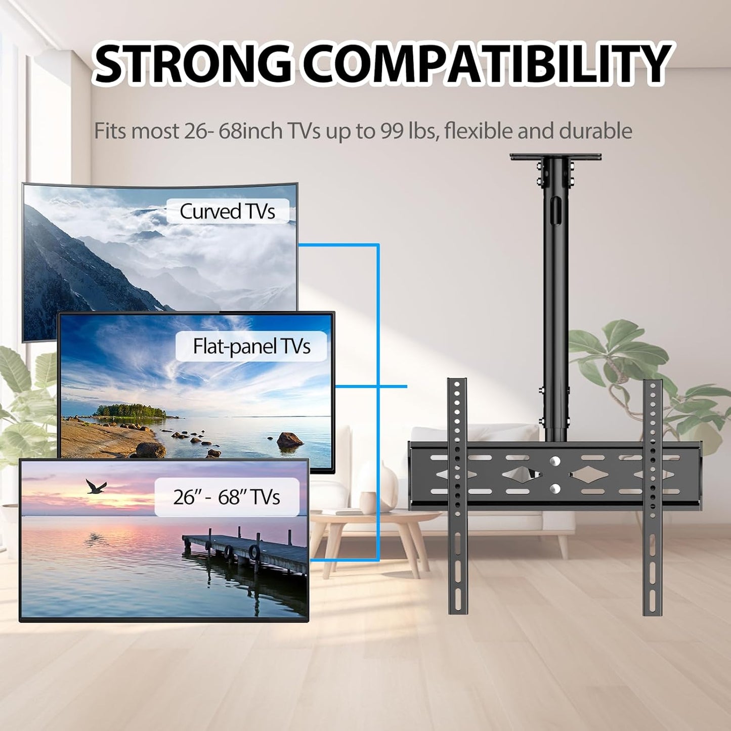 JXMTSPW TV Ceiling Mount for 26-68 inch Flat Screen Fits Most LCD LED OLED 32 43 50 55 60 65" TVs Monitor, Full Motion Height Adjustable TV Bracket up to 45kg Max VESA 400x400mm Hanging TV Mount