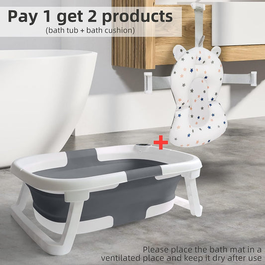 Befol Collapsible Baby Bathtub for Infants to Toddler, Portable Travel Bathtub Multifunctional Bathtub with Drain Hole, Baby Folding Bathtub for Newborn 0-36 Month (grey+Floating Baby Bath Cushion) - PuriLite