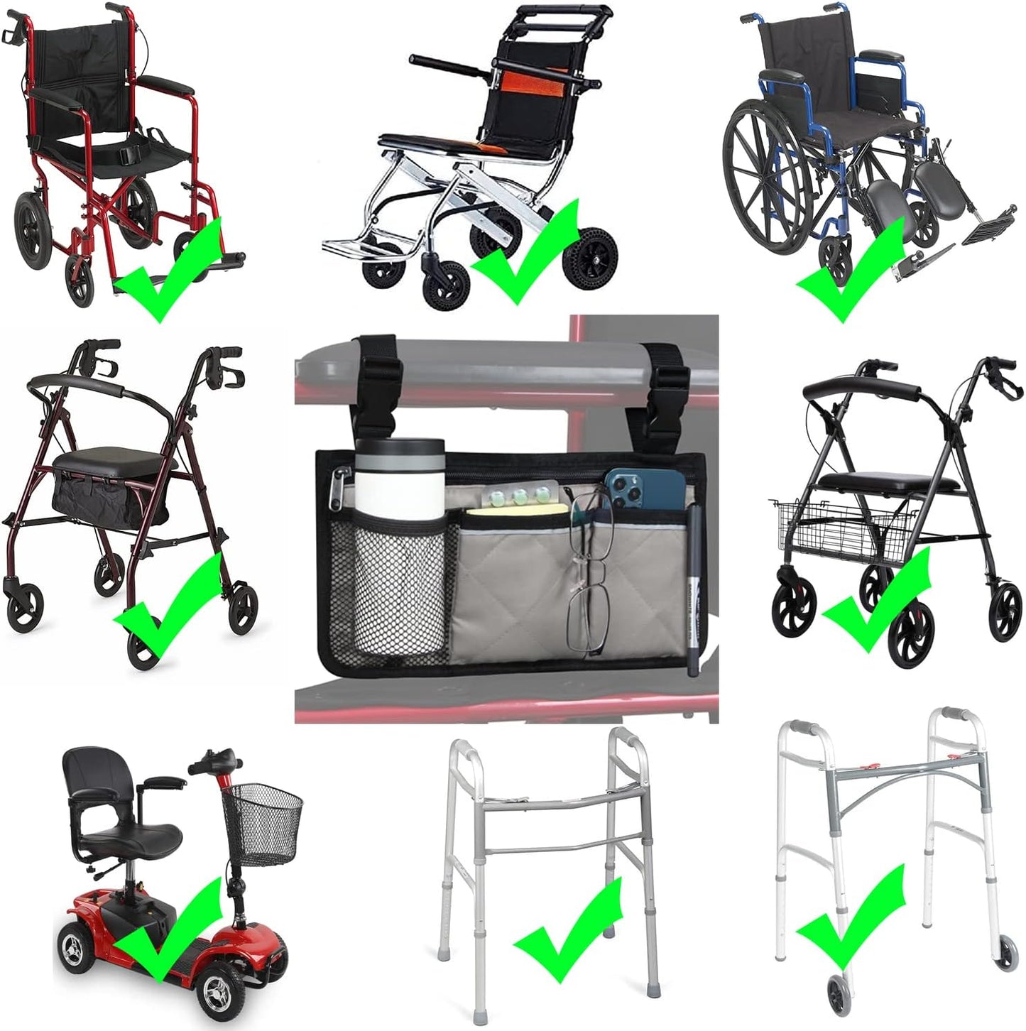 Wheelchair Side Bag, Wheelchair Armrest Storage Pouch with Cup Holder and Reflective Strip for Wheelchairs, Walkers or Rollators (Black)