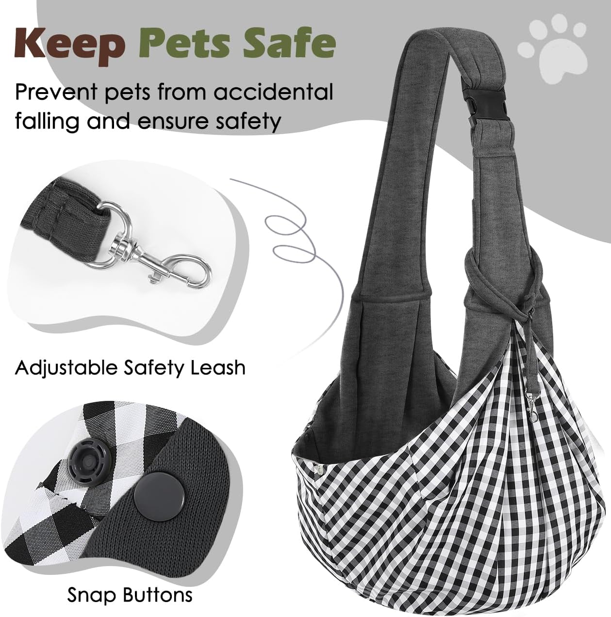 Pawaboo Small Dog Sling Carrier, Reversible Hands Free Dog Sling Carrier for Small Dogs and Cats, Puppy Sling Carrier with Adjustable Strap Buckle & Safety Harness, Puppy Essentials, Grey