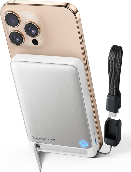 INIU Magnetic Portable Charger, Slim Qi2 Certified 10000mAh 30W Fast Charging Power Bank, Wireless Battery Pack with Foldable Stand, Travel Phone Charger Only for iPhone 16/15/14/13/12 Series, White