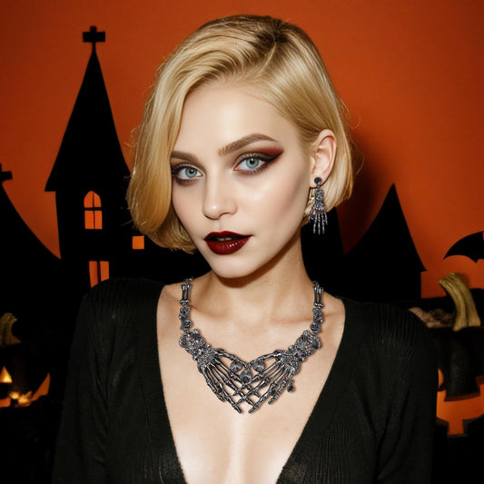 EVER FAITH Austrian Crystal Halloween Skeleton Hand Skull Necklace Earrings Set - PuriLite