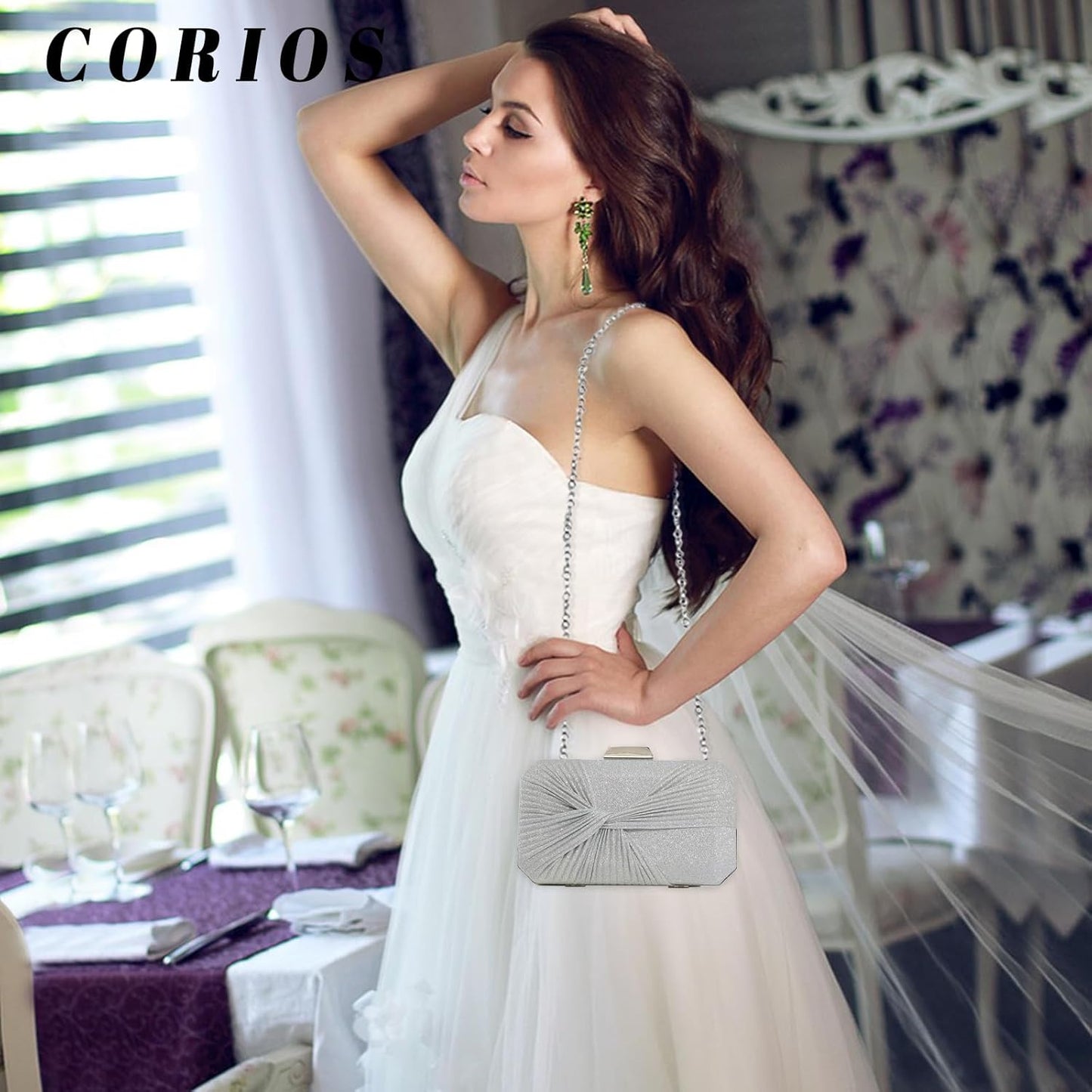 CORIOS Pleated Evening Bag Sparkly Sequin Clutch Bag for Women Sparkly Handbag Bridal Wedding Purse Elegant Crossbody Bag