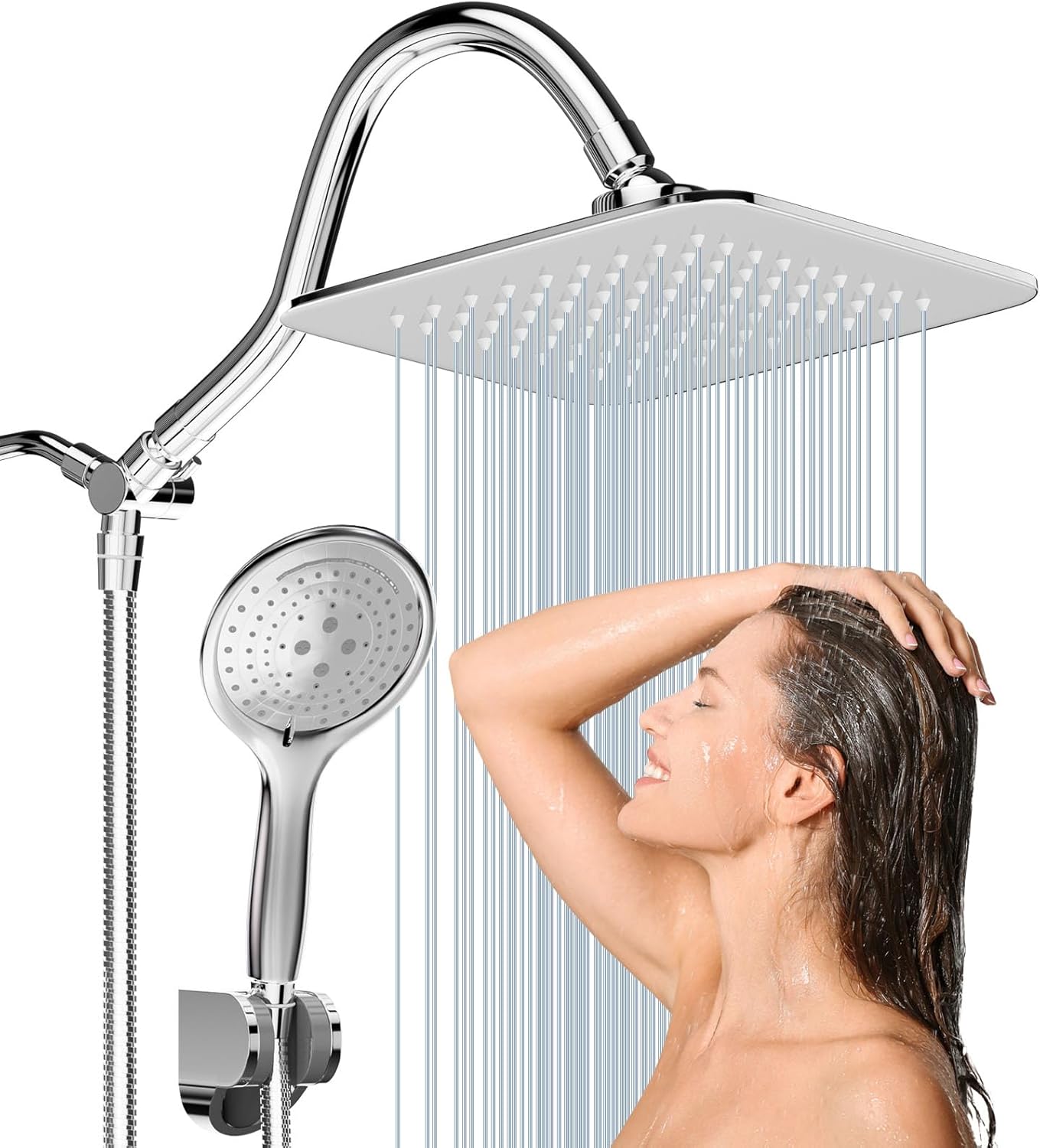 COSYLAND Rain Shower Head with Handheld - 304 Stainless Steel High Pressure 8 inch Square Rainfall Showerhead Combo with 5 Spray Mode 11 inch Extension Adjustable Arm & 60 inch Hose - Chrome