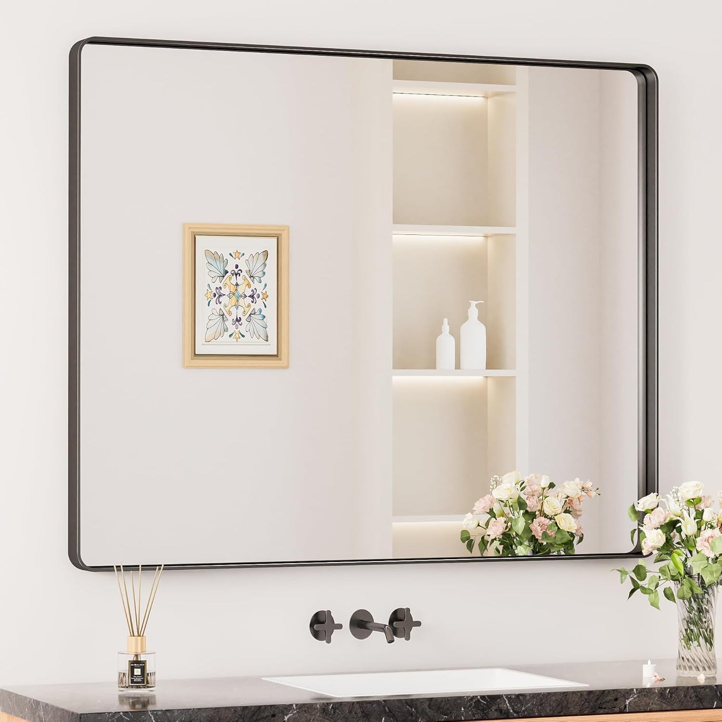 Keonjinn 42 x 36 Brushed Nickel Bathroom Vanity Mirror, Large Rounded Rectangle Bathroom Mirrors for over Sink, Metal Framed Silver Mirror for Wall, Shatterproof HD Tempered Glass(Horizontal/Vertical)