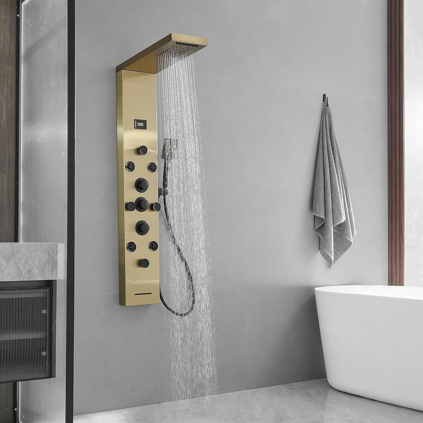 Bathfinesse Shower Tower Bathroom Shower Panel System Rain Massage System 6 in 1 Body Spray Jets Shower Wall Panels Rainfall Waterfall Shower Head Tub Spout with Temperature Display,Matte Black