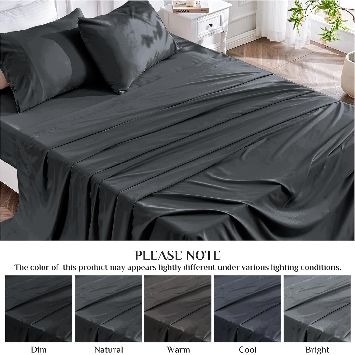 JOLLYVOGUE Queen Size Bed Sheet Set - 4 Piece Bed Sheets Set with Deep Pocket - Soft Breathable & Cooling - Resists Shrinkage & Fading Draps Queen - Easy Care (Dark Grey)