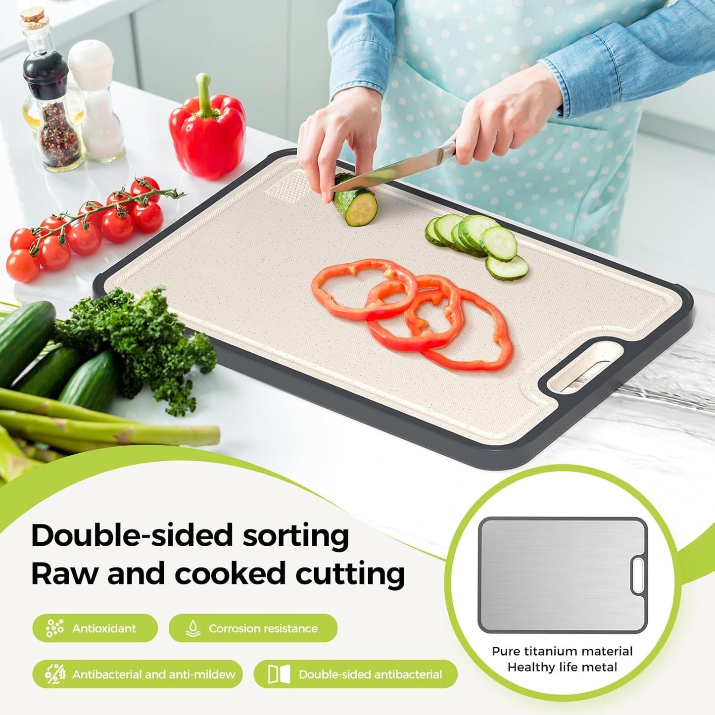 Titanium Cutting Board for Kitchen, Cutting Board Double Sided Food Grade, Pure Titanium and Wheat Straw PP, Easy to Clean Large Size 16”×10”