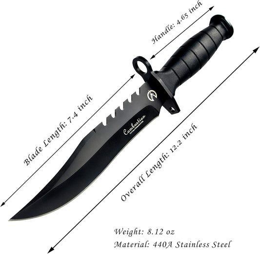 Fixed Blade Camping Knife, Hunting Knife with Nylon Sheath in Non-Slip Handle and High Carbon Stainless Steel Black Blade, Tactical Tools for Outdoor Hiking, Fishing, Carving, Diving, Bowie Combat Knife Everyday Carry - PuriLite