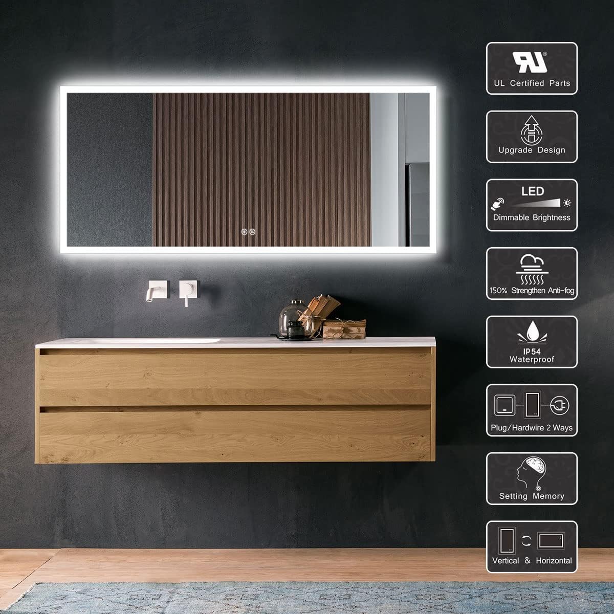 DP Home LED Lighted Bathroom Vanity Wall Mirror with Touch Button, Dimmable, Vertical & Horizontal Mount Mirrors 70 x 32 in E-N031-7032-TS Wall Mounted Makeup LED Vanity Mirror