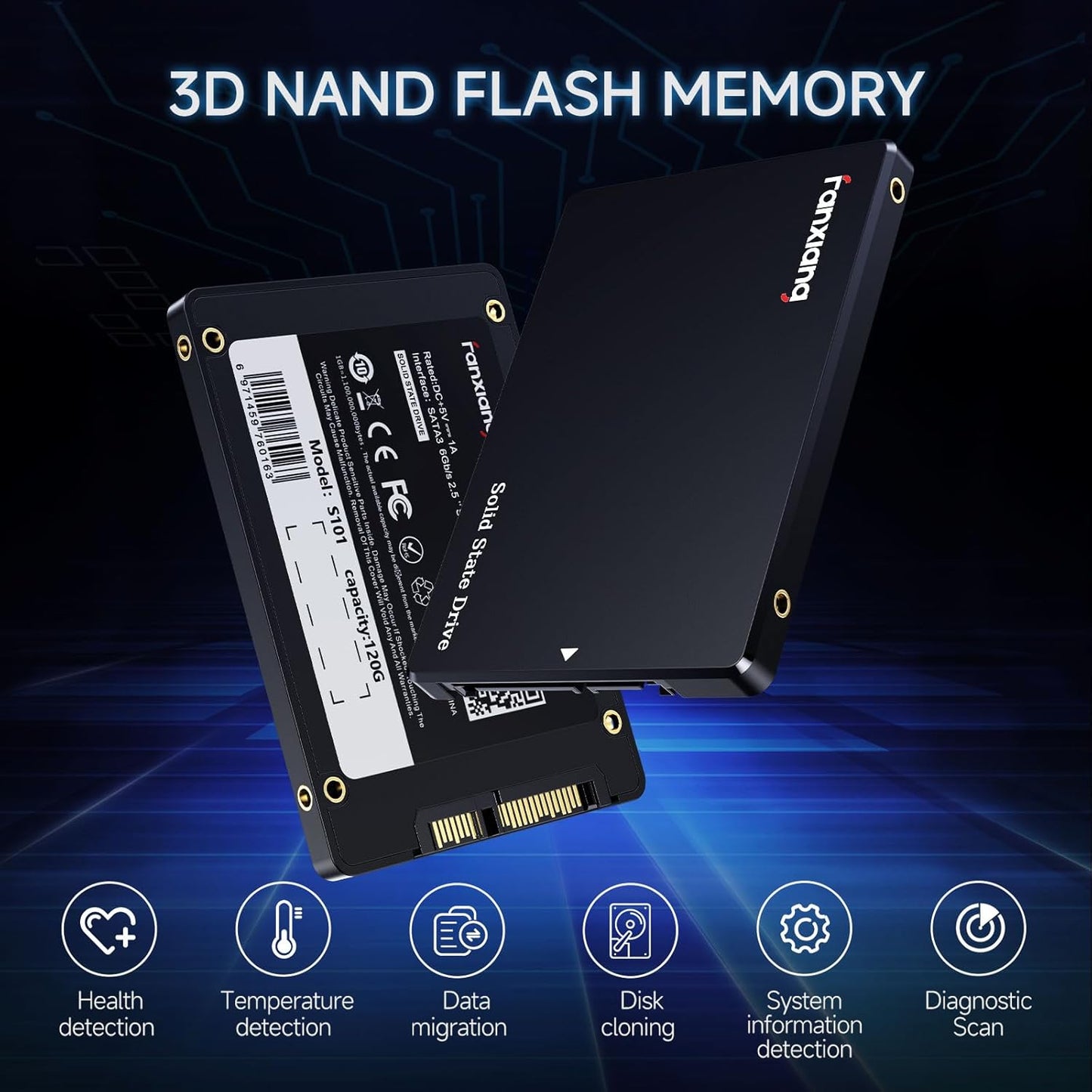 fanxiang S101Q SSD 1TB 2.5'' SATA III 6Gb/s, Internal Solid State Drive Up to 560MB/s SLC Cache for Laptop and PC Desktop 7mm(0.28″)