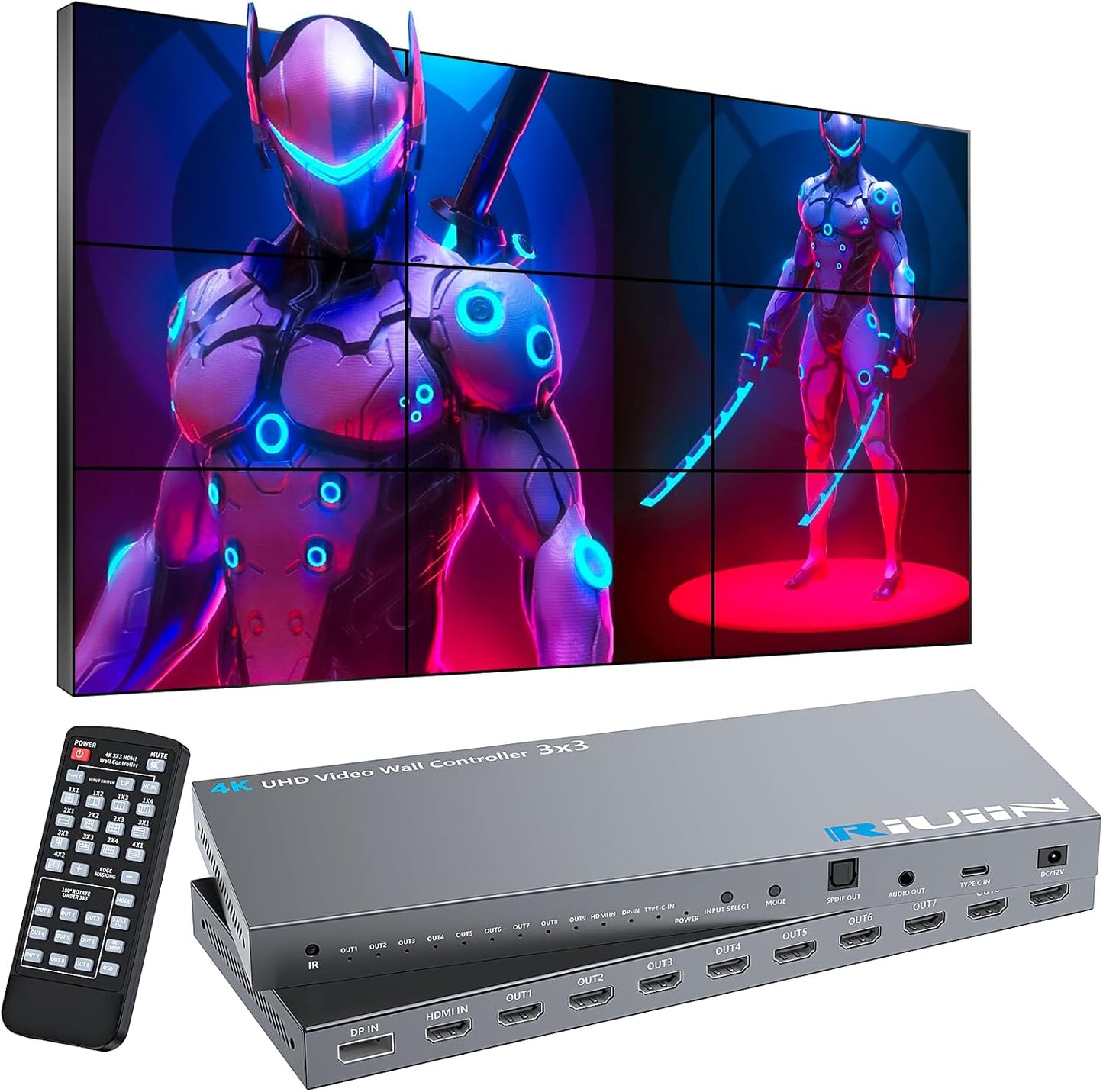HDMI Video Wall Controller, RIUIIN TV Wall Controller, 4K TV Wall Processor, 180° Rotation, Audio, IR Remote, 2x2,1x2,1x3,1x4,2x1,3x1,4x1, Make 4 tv Screens into Wall Display