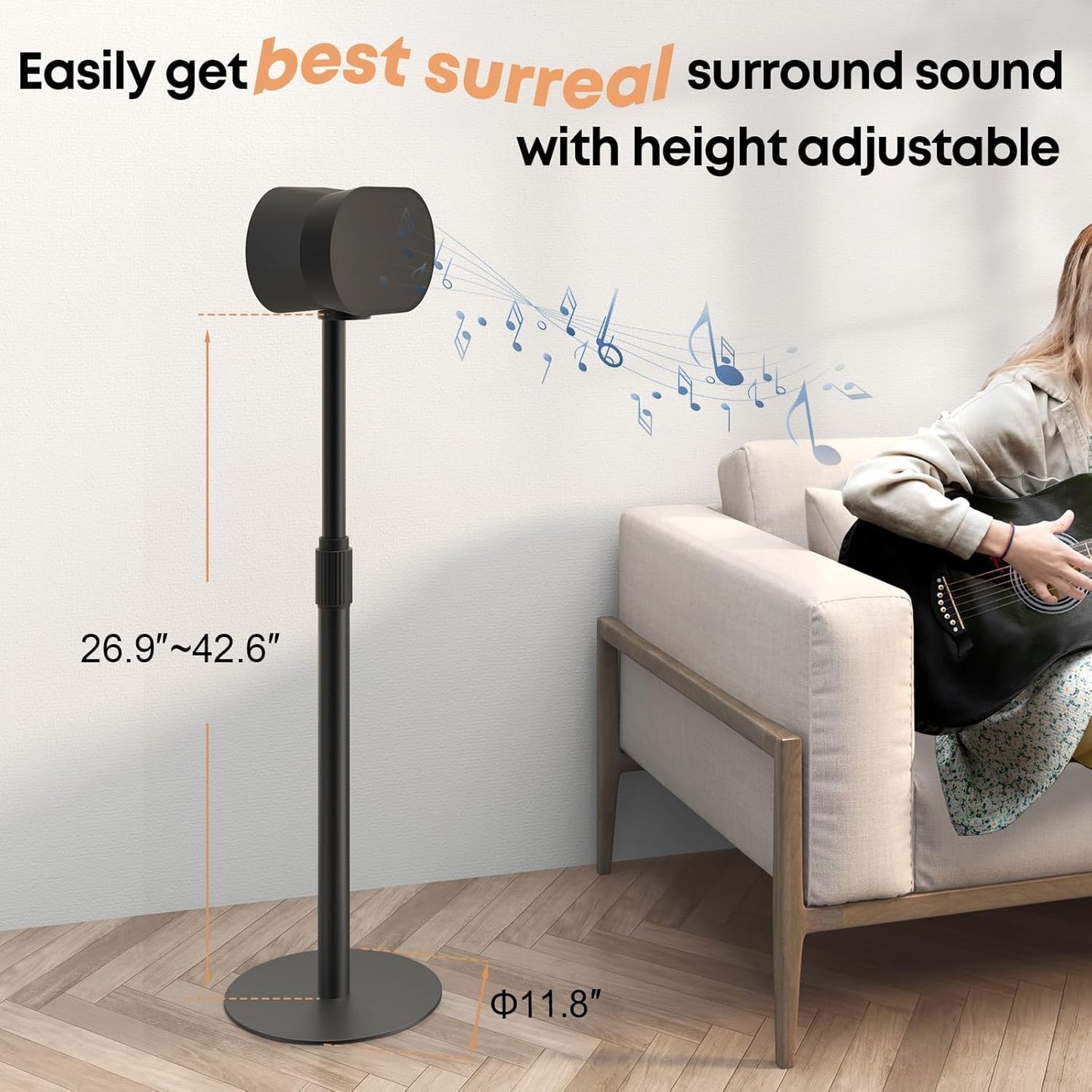 Speaker Stands for SONOS Era-100 and Era-300 - Height Adjustable Speaker Stand up to 42.6'', Concealed Cable Management, Max Load 11lbs, 1 Pair (2 Pack), Black