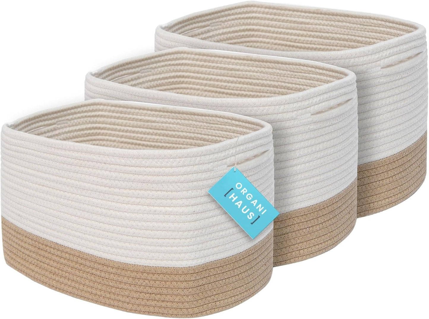 OrganiHaus Soft Woven Baskets for Storage Organization Set of 3, Cotton Rope Nursery Storage Baskets for Shelves, Square Book Bins, Bathroom Towel Hamper, Dog Toy Bins, Panier Rangement - Light Honey