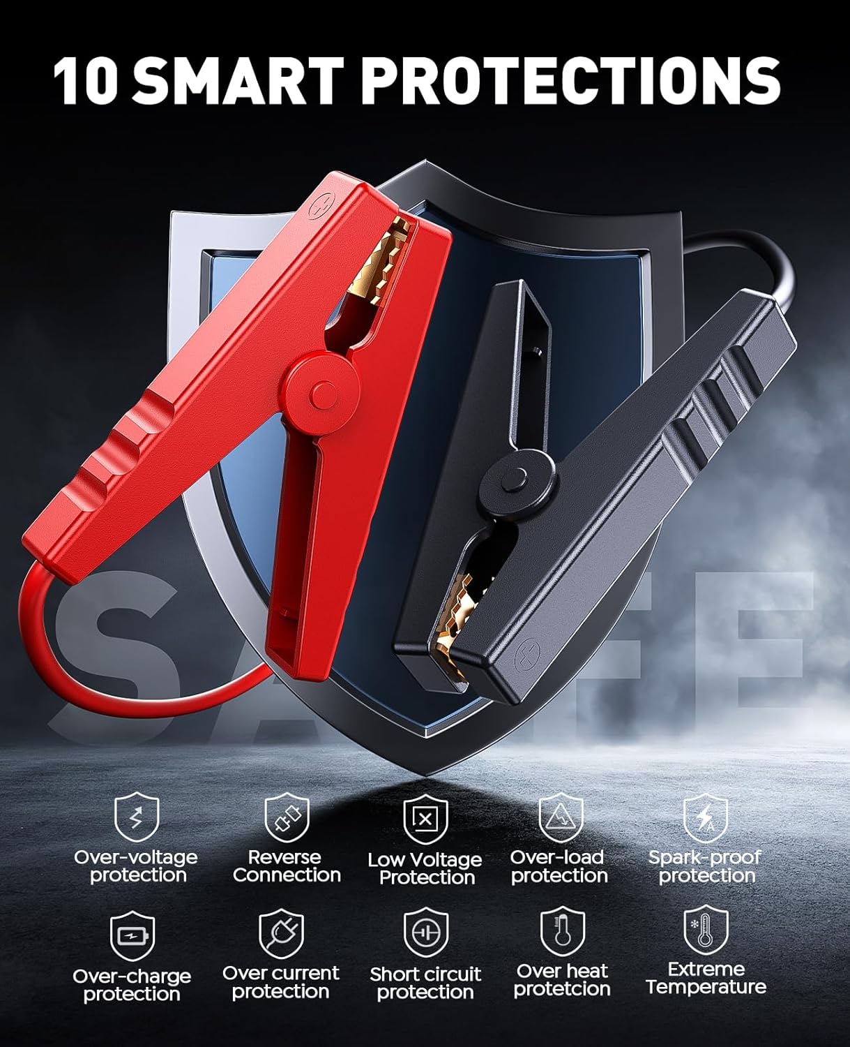 9-in-1 5000A 150PSI Car Battery Booster Jump Starter with Air Compressor (All Gas/9L Diesel), Portable Car Battery Booster Pack, Safe Durable Car Jump Starter with Extended Jumper Cables, Glove, Light