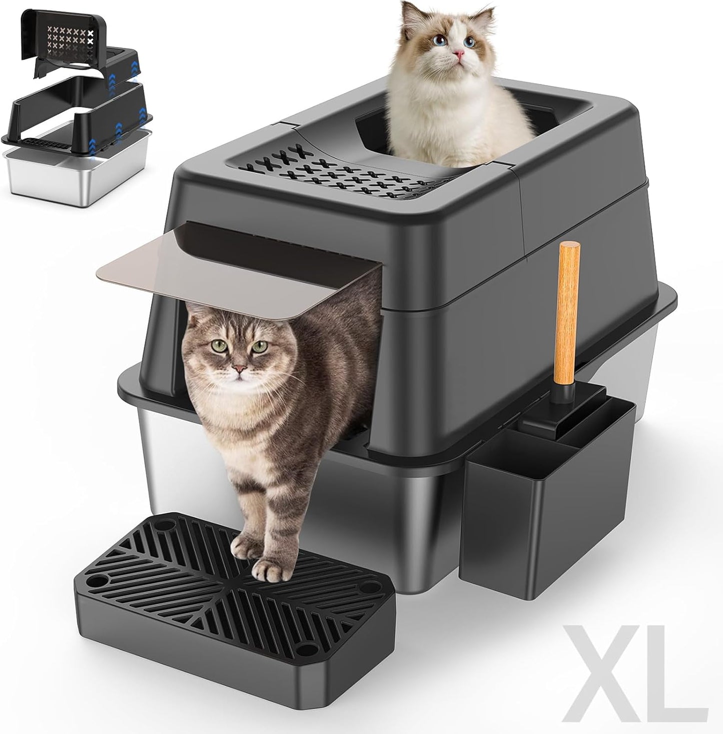 Stainless Steel Litter Box with Lid, XL Extra Large Enclosed Cat Litter Box for Big Cats 110° Flip Cover, Top Entry Metal High Sided Litter Box & Pedal & Scoop, Anti-Leakage (Grey)
