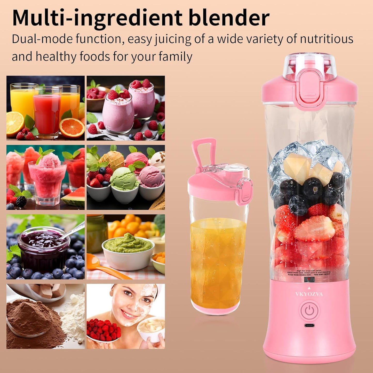 VKYOZVA Portable Blender, 20 Oz Travel Blender USB-C Rechargeable with 6 -leaf Stainless Steel Blades, BPA Frees, Personal Blender for Shakes and Smoothies,Suitable for Family Travel Gyms, Black