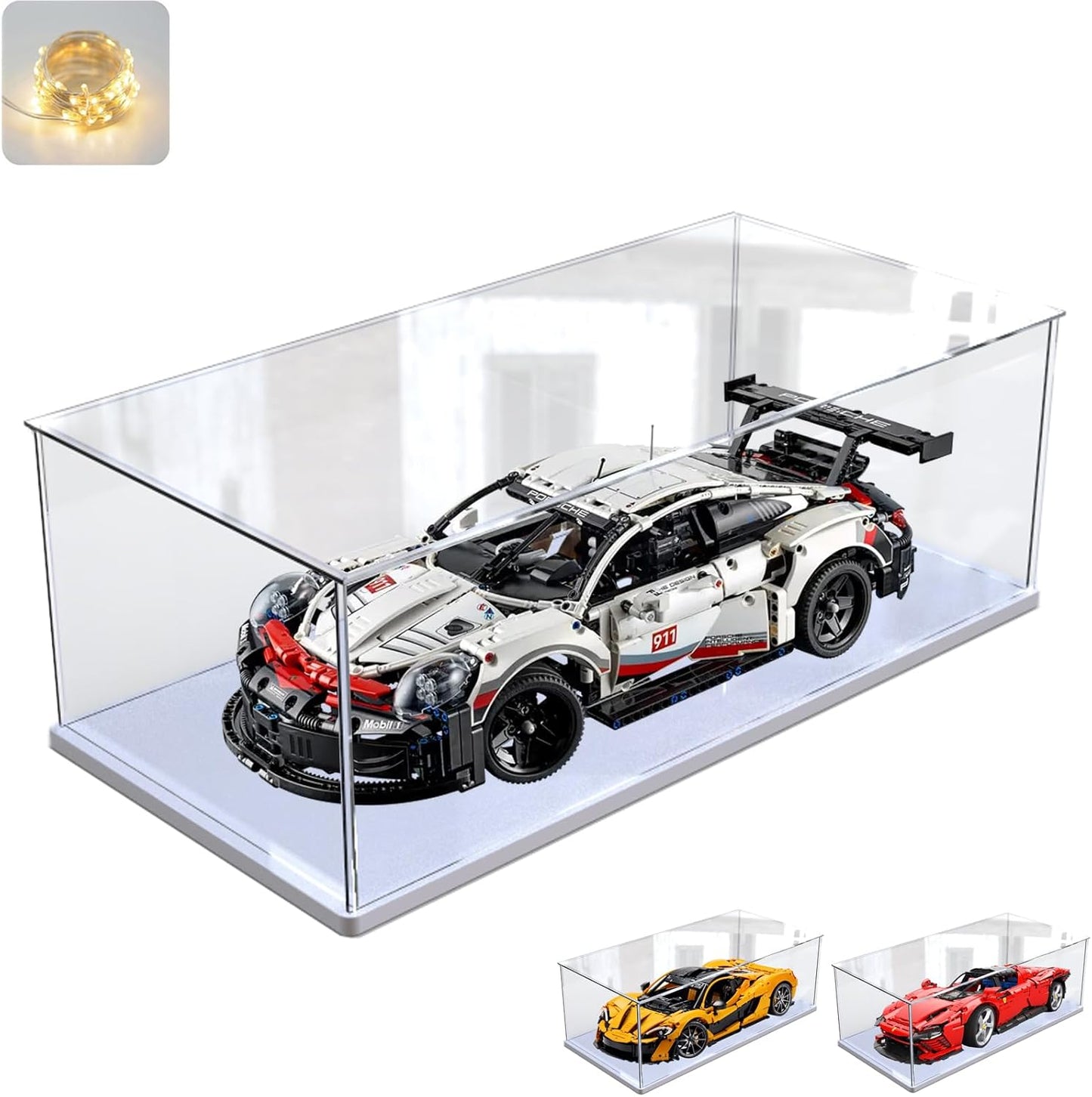 Thickened Clear Acrylic Display Case for Lego 10330 43268 76450 42170 10295 10353 Collectibles, Transparent Box Dustproof Protection with Wood-Plastic Base & String Light, Black Inside 40x20x20cm