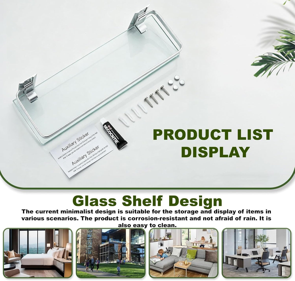 Bathroom Glass Shelf 15.7" Silver Wall-Mounted, Floating Metal Storage Rack | 3 Pack Aluminum Tempered Glass 0.3in Extra Thick Rectangular,Space-Saving Design