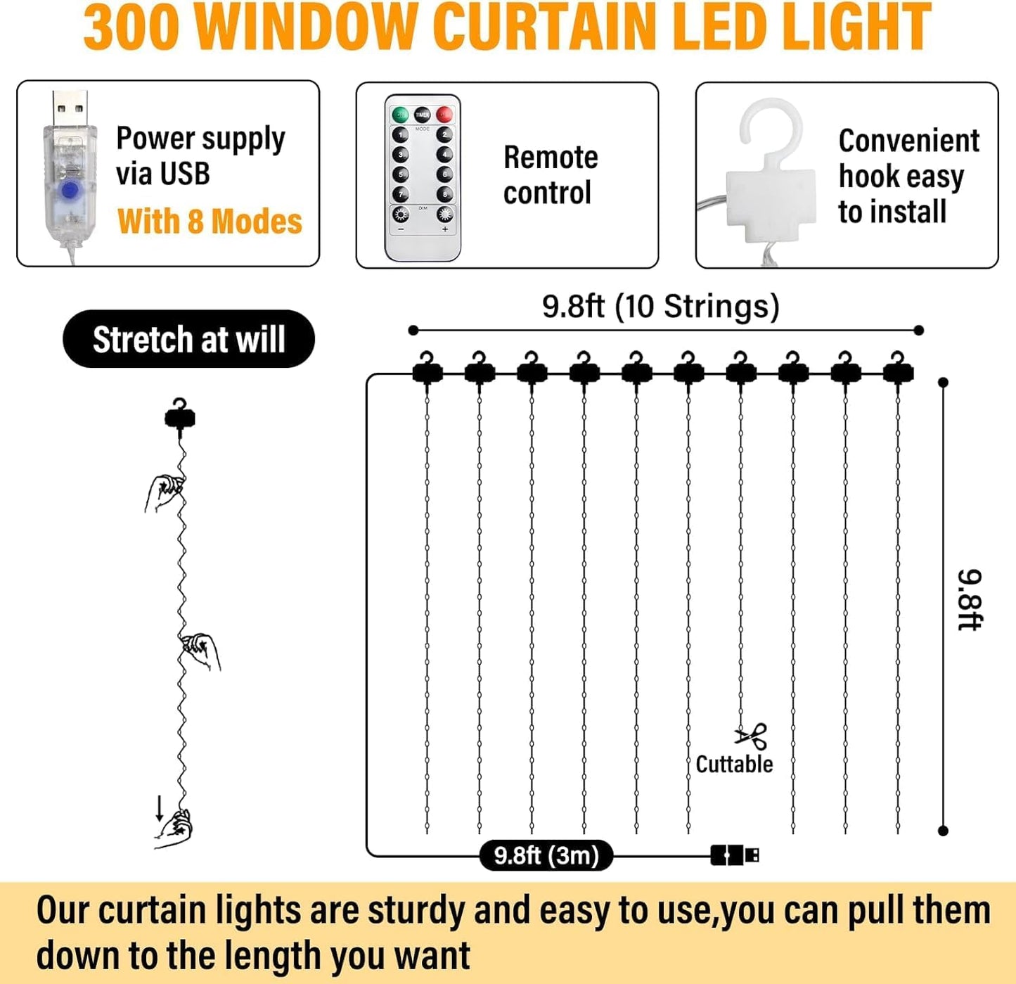 2 Pack Fairy Curtain Lights, Total 600 LED USB Plug in 8 Modes 9.8x9.8Ft Christmas String Hanging Lights with Remote for Bedroom, Indoor, Outdoor, Weddings, Party, Wall, Decorations, Warm White