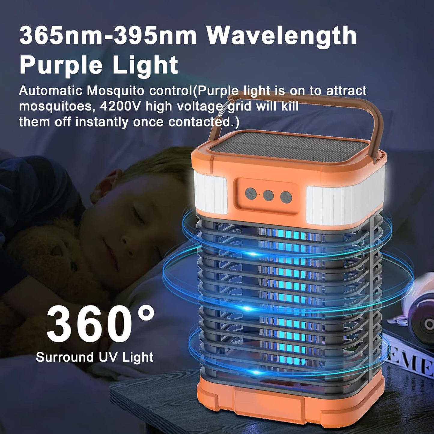 Mosquito Zapper, Solar Bug Zapper 4200V Cordless & Rechargeable Bug Zapper Outdoor with LED Light, Portable Waterproof Electric Fly Zapper with Hook, for Patio Camping Backyard Garden